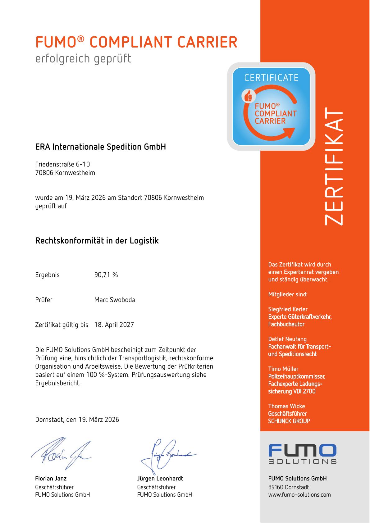 FUMO Compliant Carrier certificate 2026